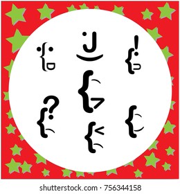 set human face made of letters vector illustration, isolated on circle white background with stars.