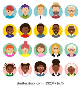 Set of human faces, avatars, people heads different nationality and ages in flat style.