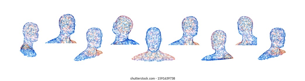 Set Of Human Faces Created In Grid Style. Artificial Intelligence Concept. Group Of People For Design. Business Team. Vector Illustration.