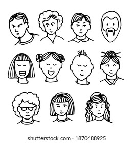 Set of human faces. Diversity. Hand drawn line vector illustration