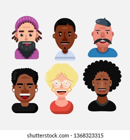 Set of human faces expressing positive emotions. Diverse multiracial and multicultural group of people isolated on white background. Flat cartoon vector illustration