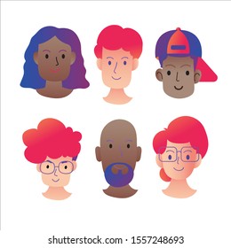 Set of human faces expressing positive emotions. Human faces with wide smiles. Set of cheerful people with happy facial expressions. Vector flat design illustrations isolated on white background.