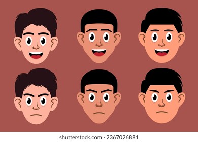 Un conjunto de caras humanas que expresan emociones positivas y negativas. Un grupo de personas con expresiones faciales felices y furiosas.