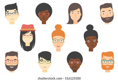 Set of human faces expressing positive emotions. Human faces with wide smiles. Set of cheerful people with happy facial expressions. Vector flat design illustrations isolated on white background.