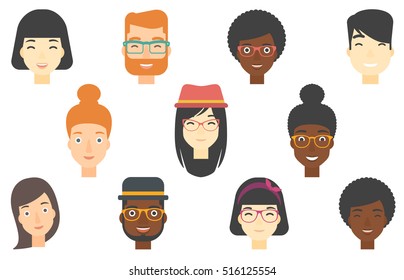 Set of human faces expressing positive emotions. Human faces with wide smiles. Set of cheerful people with happy facial expressions. Vector flat design illustrations isolated on white background.