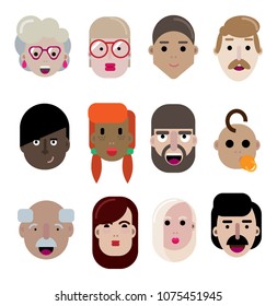 Set of human faces, flat design. Vector illustration. Flat illustration. Human faces with different emotions. Isolated on white background.