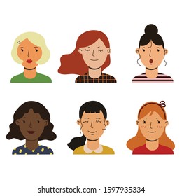Set of human faces. Vector flat cartoon female characters  illustration of facial expressions 