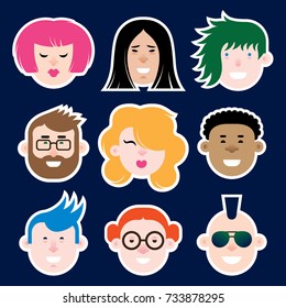 A set of human faces. Faces verbaut positive emotions.Vector flat design illustrations isolated on dark blue background.