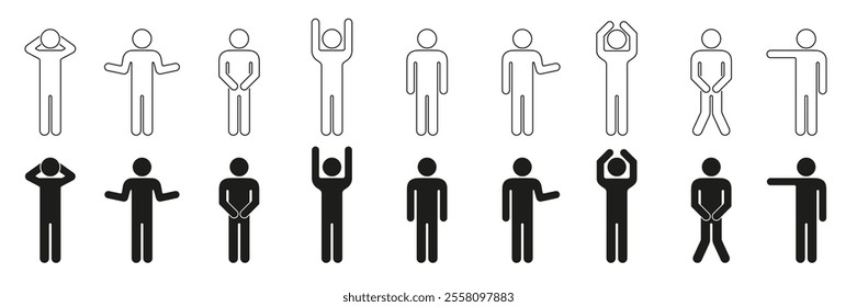 Set of Human Figure Icons in Filled and Outline Styles. Stick Figure Gesture Poses and Expression Line and Solid Collection. Editable Stroke. Isolated Vector Illustration.