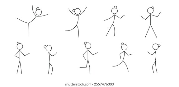  a set of human figures, a girl, a woman dancing in different poses, a pictogram of a human figure, a stick man. on a white background