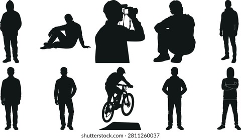 Set of human figures including photographer with camera mountain biker and people in everyday winter clothing.