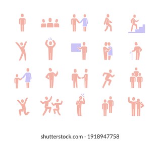 Set with human figures. Person walking, running, jumping. People shaking hands, climbing stairs, elderly, company leader, friends hugs, mother and child. Flat colored human signs isolated on white