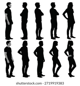 Set of human figures standing side view avatar collection people group crowd body shape.