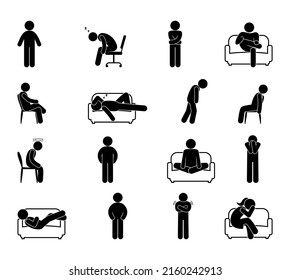 conjunto de figuras humanas, ilustración de hombre cansado, gente descansando, icono de hombre de figura de palo, silueta simple vector