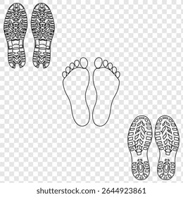 Set of human foot print, shoe print icon vector illustration. Human foot and shoe print icons . Vector for websites, mobile interfaces, presentations, banner, visual branding etc. 