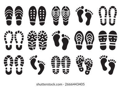 Set von Silhouetten mit menschlichem Fußabdruck, einschließlich Erwachsenenschuhen, nackten Füßen, Babyschritten und Wanderstiefeln im flachen Vektorstil auf weißem Hintergrund, modernes Layout für Beschriftungen, App-UI und Infografiken