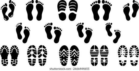 Conjunto de silhuetas de pegada humana, incluindo sapatos adultos, pés descalços, degraus de bebê e botas de caminhada em estilo vetor plano no fundo branco, layout moderno para sinalização, IU de aplicativo e infográficos