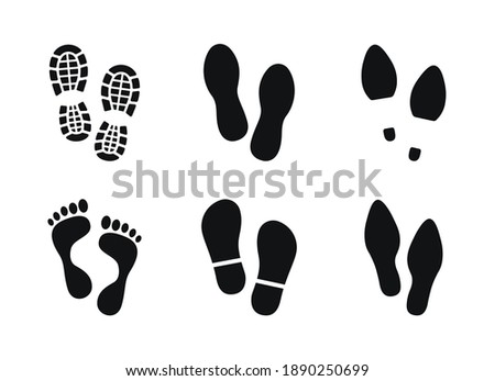 Set of human footprints different shoes. Bare foot prints. Shoe soles print. Black traces of human. Step footprints. Shoe tread prints.