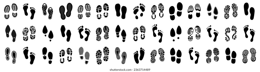 Set of human footprints icon. Foot imprint, footsteps icon collection. Human footprints silhouette. Barefoot, sneaker and shoes footstep icons