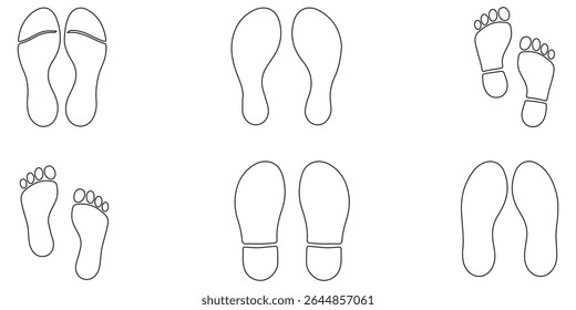 Ícone de conjunto de pegadas humanas. Marca de pé, coleção de ícones de passos. Silhueta de pegadas humanas. Ícones de pés descalços, tênis e sapatos. Design - eps 10