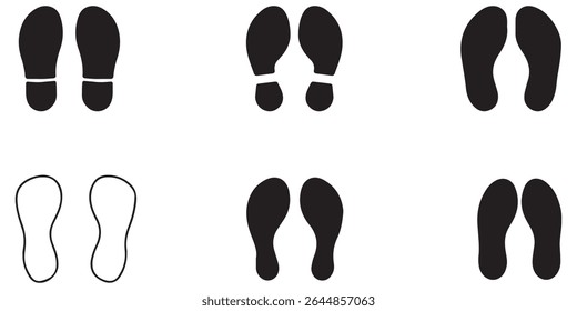 Ícone de conjunto de pegadas humanas. Marca de pé, coleção de ícones de passos. Silhueta de pegadas humanas. Ícones de pés descalços, tênis e sapatos. Design - eps 10