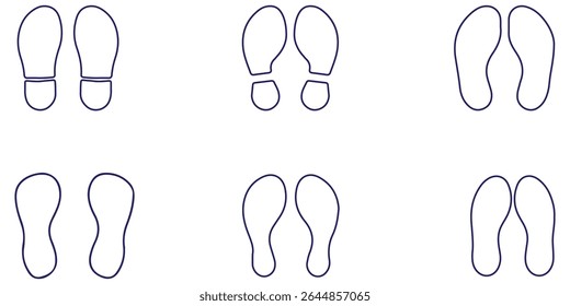 Ícone de conjunto de pegadas humanas. Marca de pé, coleção de ícones de passos. Silhueta de pegadas humanas. Ícones de pés descalços, tênis e sapatos. Design - eps 10
