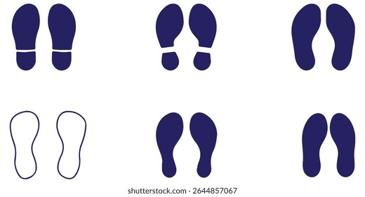 Ícone de conjunto de pegadas humanas. Marca de pé, coleção de ícones de passos. Silhueta de pegadas humanas. Ícones de pés descalços, tênis e sapatos. Design - eps 10