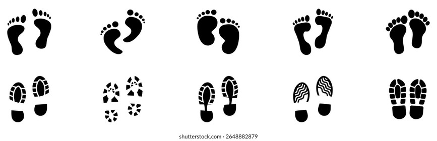 Ícone de conjunto de pegadas humanas. Marca de pé, coleção de ícones de passos. Silhueta de pegadas humanas. Ícones de pés descalços, tênis e sapatos. Ilustração de vetor.