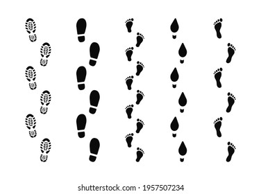 Set of human footprints isolated on white background. Step footprints paths. Footstep prints and shoe steps. Male and female footprints. Shoe tread footprints. Baby foot marks. Vector