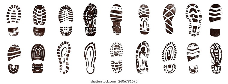 A set of human footprints, shoe prints and palm prints. Collection of vector prints of feet, hands, shoes on transparent background png.