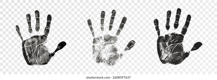 A set of human footprints, shoe prints and palm prints. Collection of vector prints of feet, hands, shoes on transparent background png.