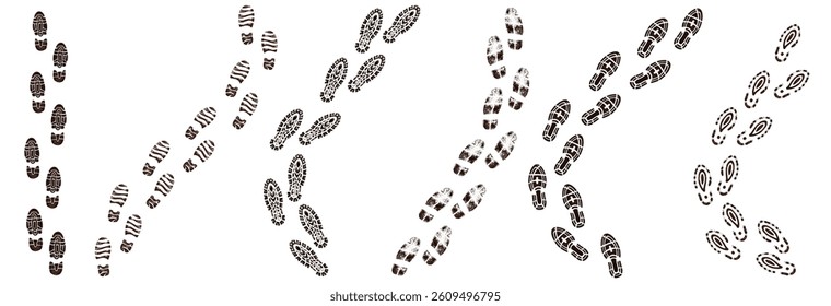 A set of human footprints, shoe prints and palm prints. Collection of vector prints of feet, hands, shoes on transparent background png.