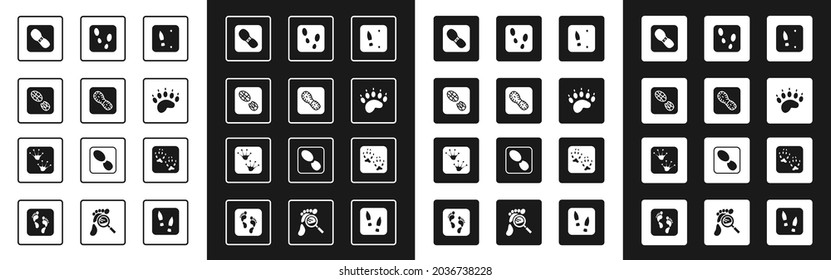 Set Human footprints shoes, Bear paw, Fox and Frog icon. Vector