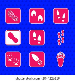 Set Human footprints shoes, Bear paw, Fox,  and  icon. Vector