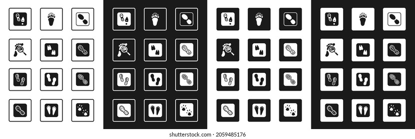 Set Human footprints shoes, Camel paw, Magnifying glass with footsteps, Bear,  and  icon. Vector