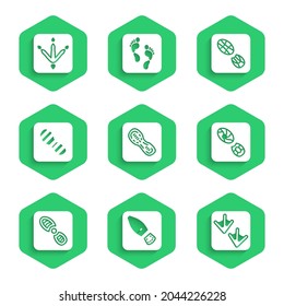Set Human footprints shoes, Goose paw,  and Chicken icon. Vector