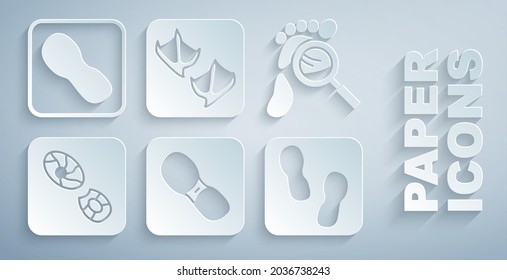 Set Human footprints shoes, Magnifying glass with footsteps, Seagull paw and  icon. Vector