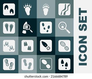 Set Human footprints shoes, Paw search, Bear paw, Magnifying glass with footsteps, Rabbit and hare, Horse and  icon. Vector