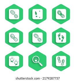 Set Human footprints shoes, Paw search, Fox paw,  and  icon. Vector