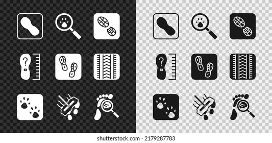 Set Human footprints shoes, Paw search, Mop, Magnifying glass with footsteps, Square measure size and  icon. Vector