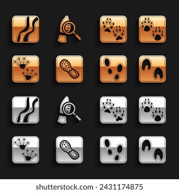 Set Human footprints shoes, Paw, Horse paw, Frog, Fox, Snake and Magnifying glass with footsteps icon. Vector
