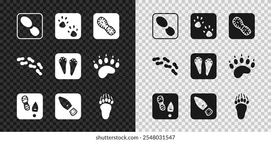 Set Human footprints shoes, Paw, Bear paw,  and Rabbit and hare icon. Vector