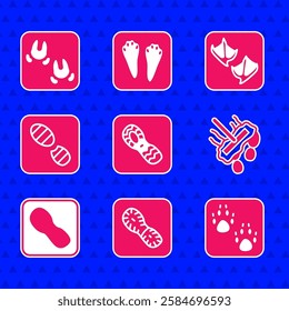 Set Human footprints shoes, Paw, Mop, Seagull paw and Wild boar icon. Vector