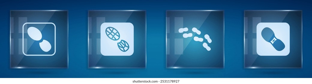 Set Huellas humanas, zapatos, y . Paneles de vidrio cuadrados. Vector