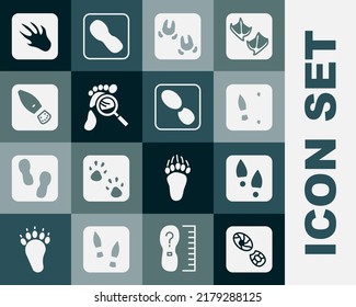 Set Human footprints shoes, Wild boar paw, Magnifying glass with footsteps, Alligator crocodile and  icon. Vector