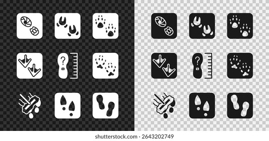 Set Human footprints shoes, Wild boar paw, Paw, Mop, Goose and Square measure size icon. Vector