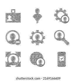 Set Human with gear, Globe and people, Smartphone, Magnifying glass for search, Head hunting, Create account screen,  and Identification badge icon. Vector