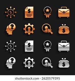 Set Human with gear inside, Briefcase, Wallet dollar, User of business suit, head question mark, Medal star, Dollar, share, network and Contract money icon. Vector