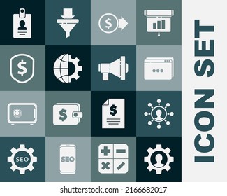 Establecer humano con equipo en el interior, red empresarial y comunicación, plantilla de sitio web, Moneda de dinero, Globe of the Earth, Escudo, Identificación y icono Megáfono. Vector