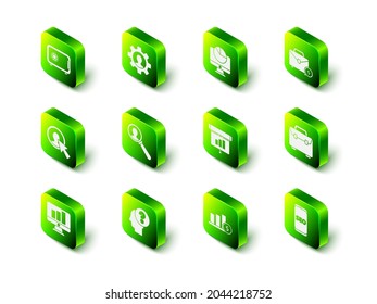 Set Human with gear inside, Computer monitor graph chart, Briefcase and money, Mobile phone SEO optimization, Graph, diagram, infographic, Pie dollar and head question mark icon. Vector